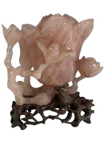 Chinese Carved Pink Quartz Floral Figurine