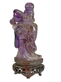 Chinese Carved Amethyst & Wood Decorative Fig