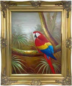 Large Macaw Framed Oil Painting on Canvas Scene