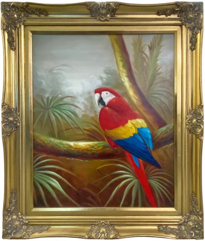 Large Macaw Framed Oil Painting on Canvas Scene: Oil on canvas depicting a vividly colored red, yellow, and blue macaw perched on a tree branch in a lush tropical jungle setting. Signed illegibly to lower edge. Work Size: 24 x 20 in. Dimensions: 3