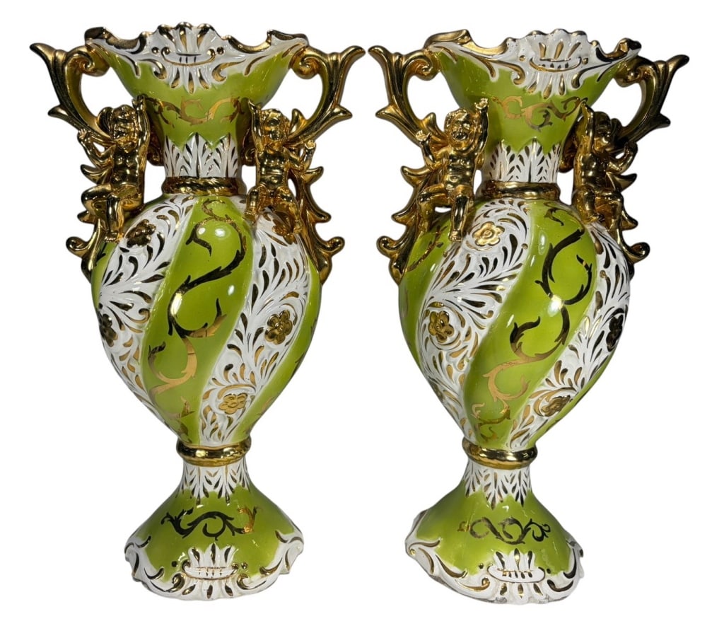 Italian Rococo Style Cherubs Ceramic Urns 2pc LOT (1 of 8)