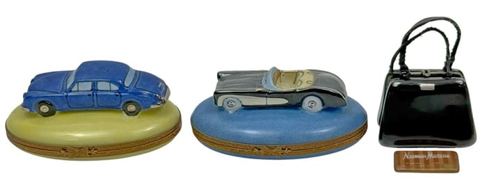Limoges Porcelain Cars & Purse Trinket Boxes 3pcs