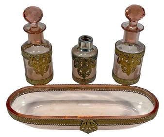 Pink Glass & Bronze Vanity Dresser Set 4pc LOT