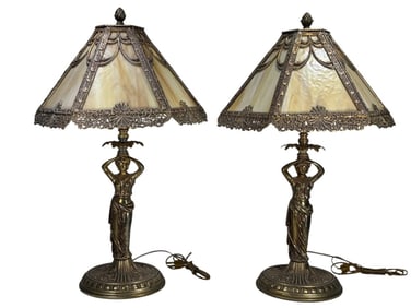 Pair of Bradley & Hubbard Style Slag Glass Lamps