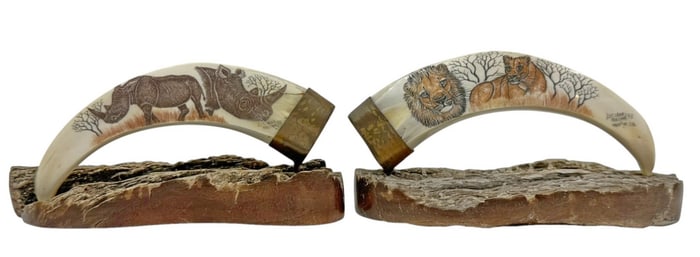 Pair of Hand-Carved Scrimshaw-Style Animal Tusks