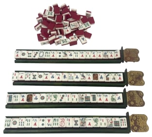 Vintage Mahjong Tiles Game Piece Set w/ Four Racks