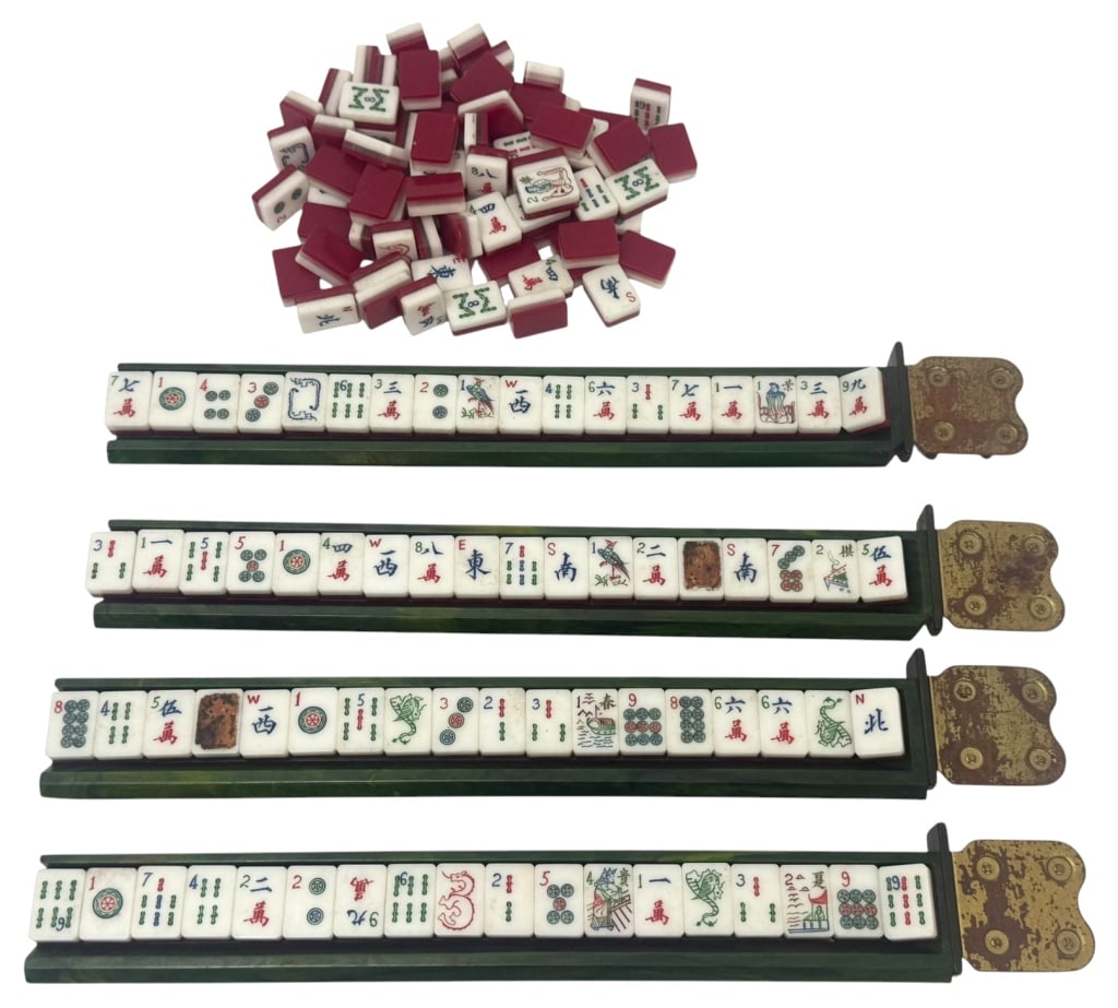 Vintage Mahjong Tiles Game Piece Set w/ Four Racks (1 of 4)
