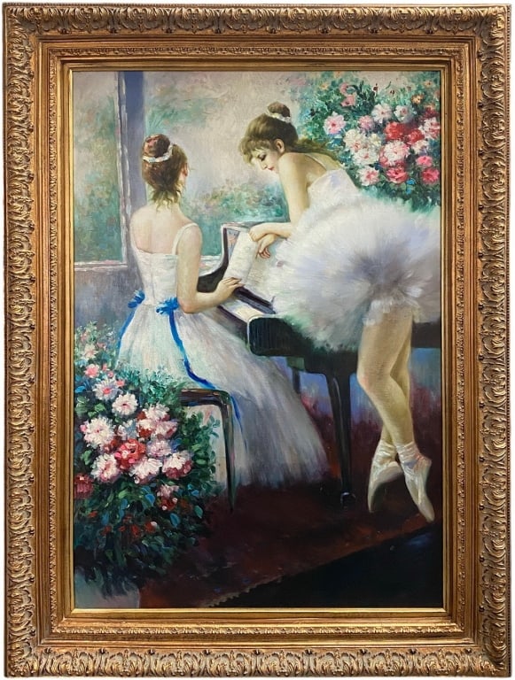 Large Ballerinas Oil Painting on Canvas SIGNED: Large oil painting on canvas of two ballerinas, one at a piano and the other in a white tutu en pointe, set against a floral background. Signed 'Avancari' at lower right.Work Size: 36 x 24 in.Dimensio