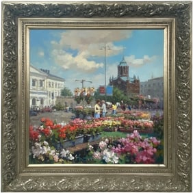 L. Joyce Flowers Market Oil on Canvas SIGNED