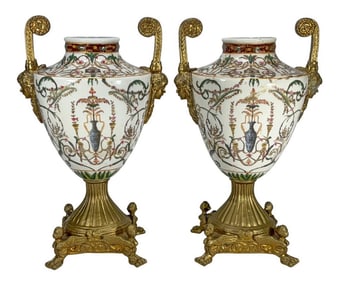 Hand Painted Pottery & Gilt Bronze Urns 2pc LOT