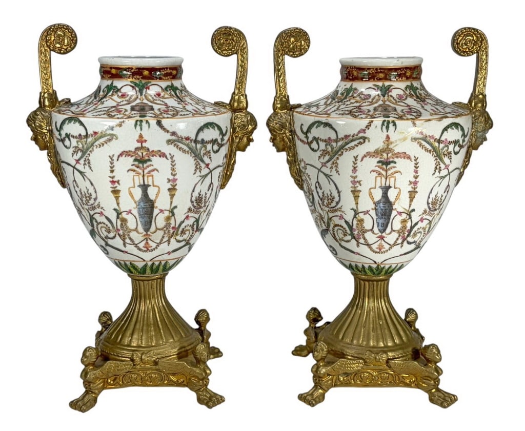 Hand Painted Pottery & Gilt Bronze Urns 2pc LOT (1 of 5)