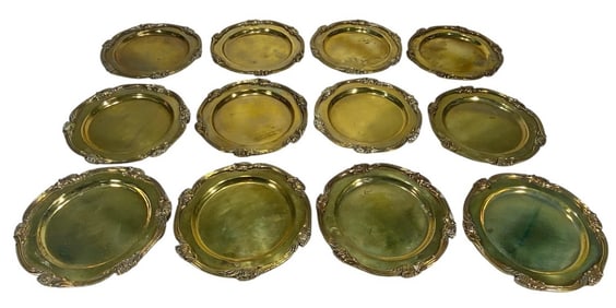 Ornate Gilt Brass Scrolled Edges Plates 12pc LOT
