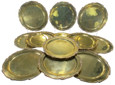 Ornate Gilt Brass Scrolled Edges Plates 12pc LOT