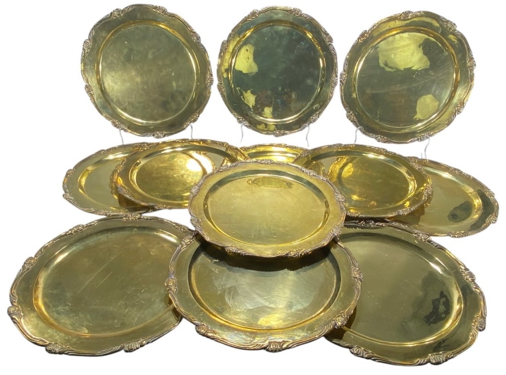 Ornate Gilt Brass Scrolled Edges Plates 12pc LOT (1 of 5)