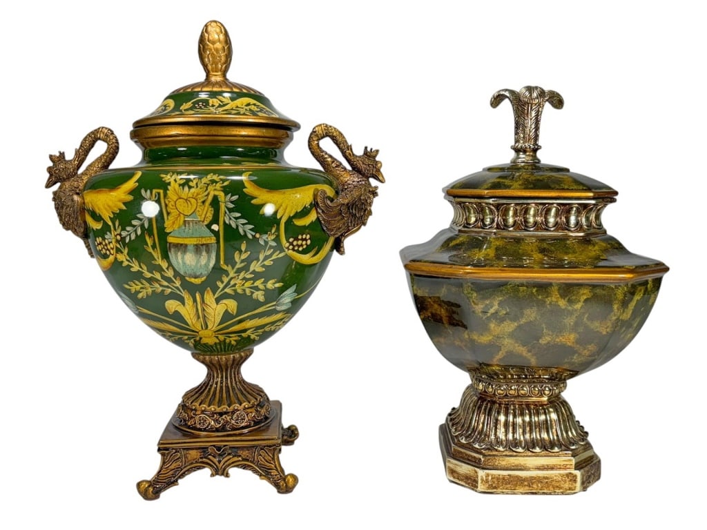 Painted Pottery Bird Handles Lidded Urns 2pc LOT (1 of 11)