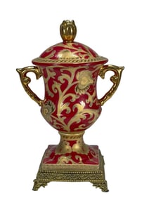 Red & Gilt Lidded Porcelain & Metal Urn