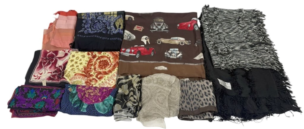Vintage Estate Designer Scarves 11pc LOT: Lot of eleven designer scarves to include brands such as Fendi, Giorgio Armani, Furla, Anne Klein, Amina Rubinacci Napoli, Liz Claiborne, Perry Ellis, Rinaldi and Nagara for Jim Thompson.Condition: Go