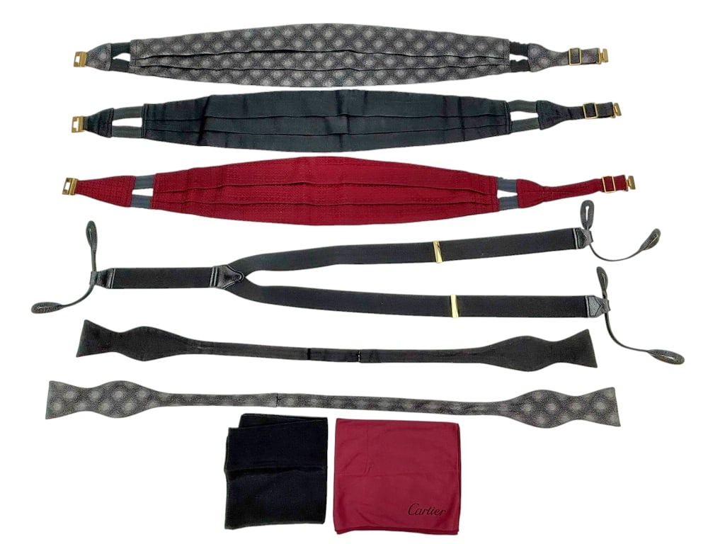 Collection of Mens Silk Cummerbunds & Ties 8pcs: Collection of mens formal accessories including three silk cummerbunds and matching ties/pocket squares. To include items with Hermes Paris tags, Neiman Marcus woven labels and Cartier logo embroidery