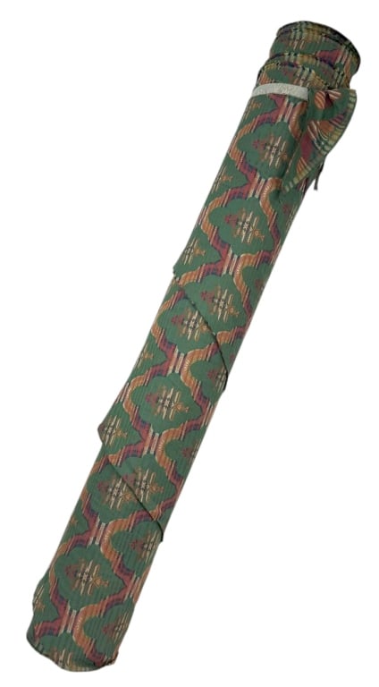 Jacquard Green & Rust Pattern Tapestry Fabric Roll: Large roll of vintage jacquard upholstery fabric featuring a bold geometric pattern in green, rust, gold, and navy tones. The roll measures approximately 56 inches by 7.25 inches.Condition: Good overa
