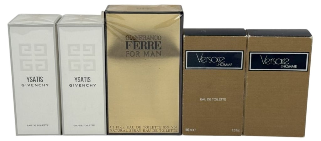 Versace Gianfranco Ferre Givenchy Men's Fragrances: Group of mens designer cologne fragrances. This lot includes: (2) Versace L'Homme Eau de Toilette bottles, (1) Gianfranco Ferre Homme Eau de Toilette bottle, and (2) Givenchy Ysatis Eau de Toilette bo