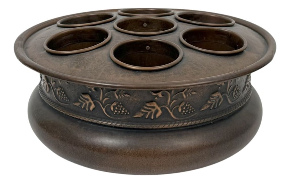 Copper Grape Vine Wine Bottle Holder w/ Cooler 13": Contemporary copper wine bottle holder or cooler, designed to accommodate seven bottles. The piece is crafted in solid copper with a beautiful dark patina, featuring repousse grape and vine decoration