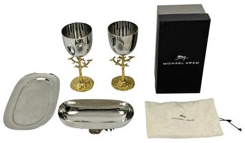 Michael Aram Metalware Goblets, Svc Dishes 3pc LOT