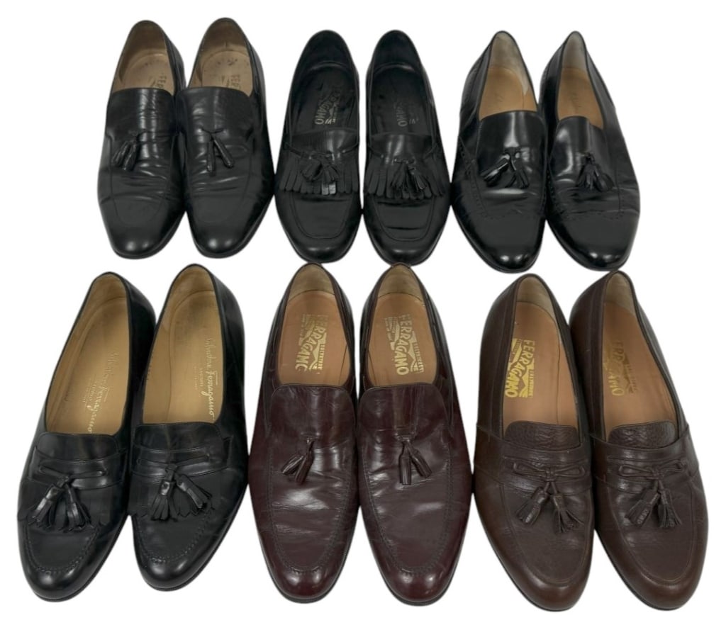 Ferragamo Mens Tassel Loafers Sz 9-11, 8 Pair LOT: Salvatore Ferragamo lot of eight pairs of mens Italian leather tassel loafer shoes. The collection features a mix of black, brown, and burgundy leather slip-ons with tassel details and classic styling