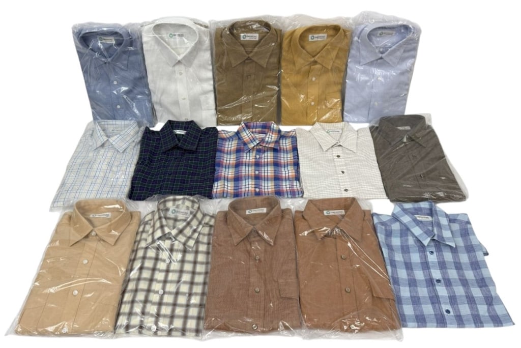 Custom Apparel Short-Sleeve Dress Shirts 15pc LOT: Collection of fifteen mens short-sleeve button-front shirts from Dimensions Custom Apparel. Includes a variety of solid colors and plaid/check patterns. Most shirts are still in original plastic packa
