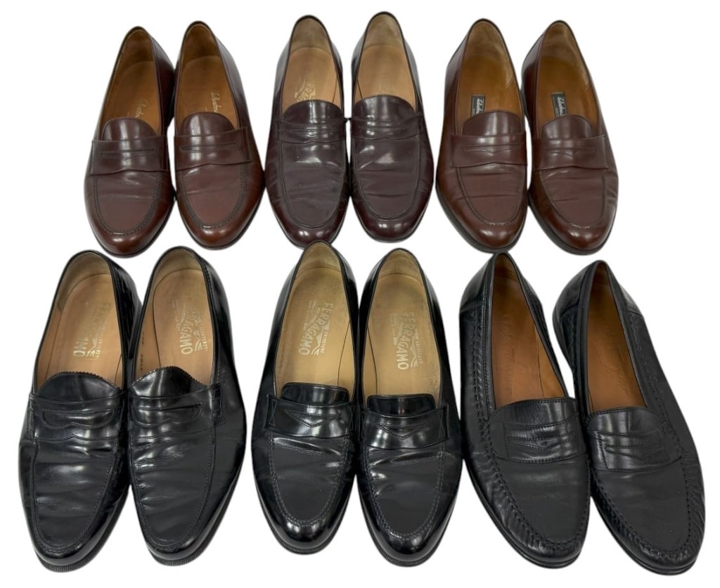 Salvatore Ferragamo Mens Leather Loafers 6 Pr LOT: Salvatore Ferragamo lot of six pairs of men's Italian loafer shoes in black and brown leather. Size 9.5. Each shoe measures approximately 4 inches by 11.25 inches by 3.75 inches.Condition: Good to fai