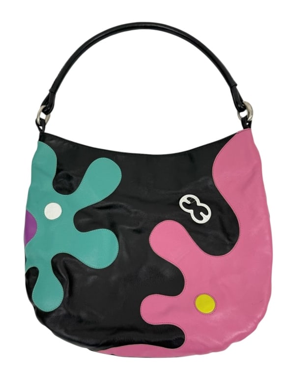 Escada Multicolor Leather Applique Shoulder Bag: Vintage Escada shoulder bag crafted in black leather with vibrant multicolor applique detailing in pink, teal, yellow, purple, and white. Features a single leather handle with silver-tone hardware and