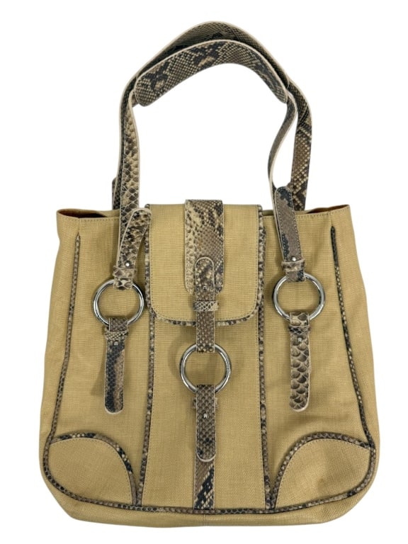 Gianfranco Ferre Canvas & Snakeskin Trim Tote Bag (1 of 10)