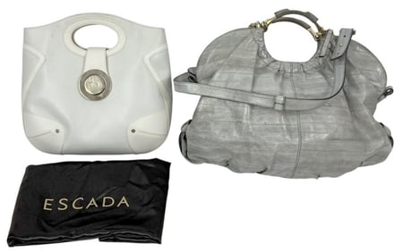 Escada White Leather Tote, Gray Slouch Bag 2pc LOT