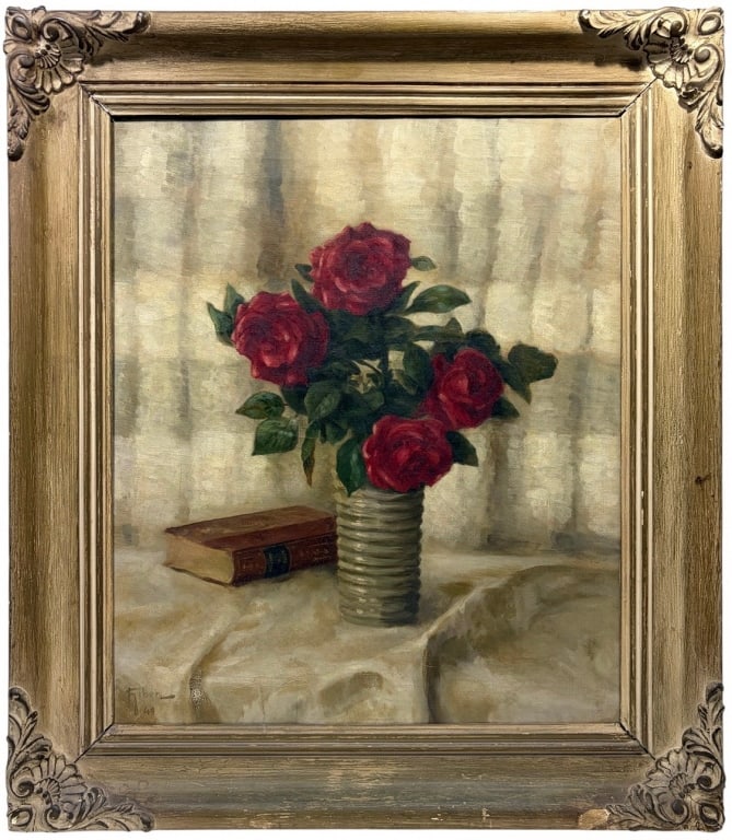 Still Life Flowers Oil Painting on Canvas SIGNED: Oil painting on canvas still life of four red roses in a ribbed vase beside a book on draped cloth, with curtained background. Signed lower left. Work Size: 24 x 20 in. Dimensions: 30.75 X 26.75 X 2