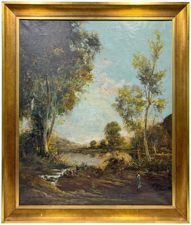 Antique European Oil on Canvas Landscape, SIGNED: Oil on canvas landscape depicting a riverbank with tall trees and a distant figure, signed lower right. Presented in a gilt wooden frame. Work Size: 29 x 24 in. Dimensions: 33 X 28 X 1.5 in. </