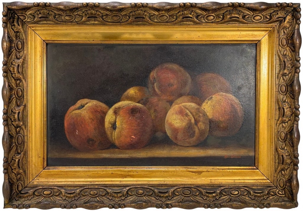 Still Life Oil Painting on Wood by Rosa Calcagno: Still life oil painting of peaches on a tabletop against a dark ground, signed lower right 'Rosa Calcagno.' Presented in an ornate giltwood frame with scrolling detail.Work Size: 9.25 x 15 in.Dimensio