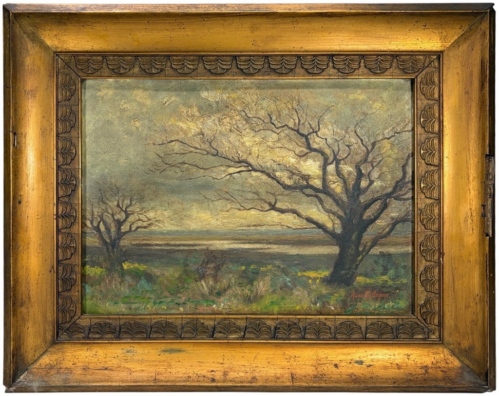 Landscape Oil on Cardboard by Rosa Calcagno: Oil on cardboard landscape by Rosa Calcagno, depicting two bare trees in a moody field scene with impasto detail. Set in a carved gilt frame, signed lower right in red 'Rosa Calcagno'. Work Size: 9 x 