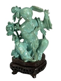 Chinese Carved Turquoise & Wood Figurine