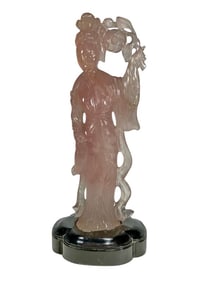 Chinese Carved Pink Quartz & Wood Figurine