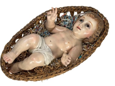 Antique Baby Jesus Glass Eyes Statue in a Basket