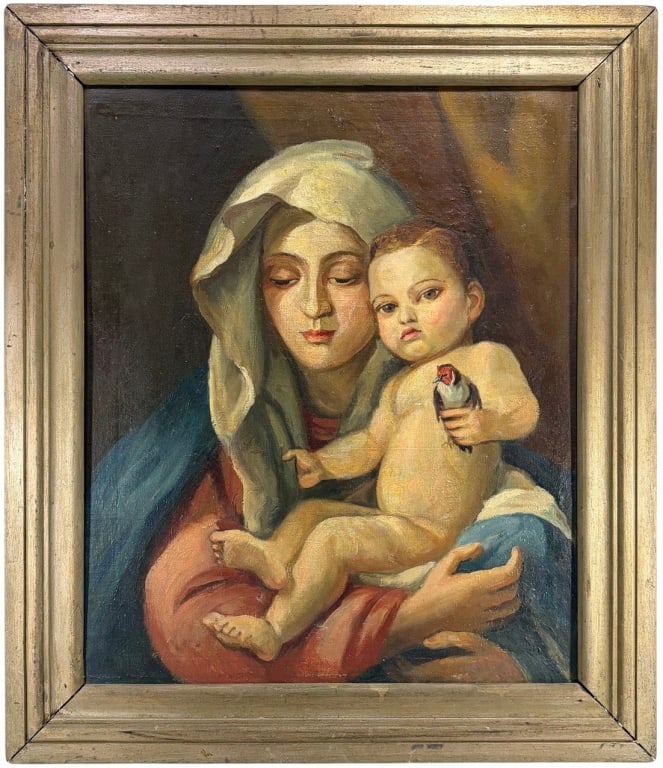 Antique Madonna & Child Oil Painting on Canvas: Antique oil on canvas depicting the Madonna holding the Christ Child with a small bird, rendered in warm tones in the traditional devotional style. Work Size: 23.5 x 19.5 in. Dimensions: 28.25 X 24.