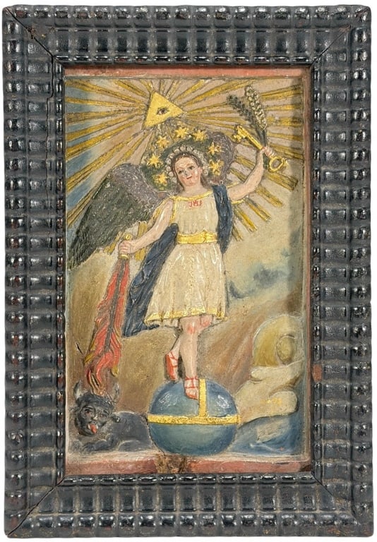 19th C Painted Stone Plaque Archangel Uriel (1 of 8)
