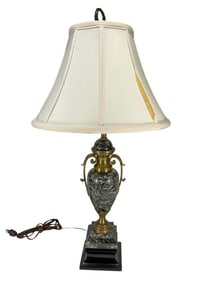 Green Marble & Bronze Lamp with a Wood Base