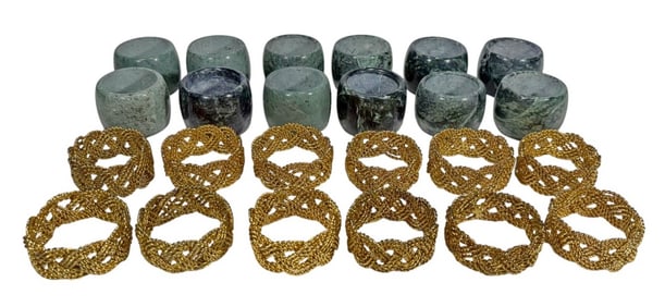 Gilt Metal & Green Stones Napkin Rings 24pc LOT