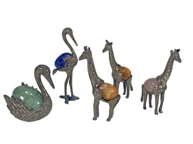 Semi-Precious Stones & Silverplated Animals 5pc