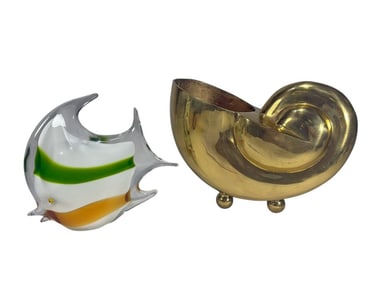 Mid Century Brass Nautilus & Murano Fish Fig 2pc