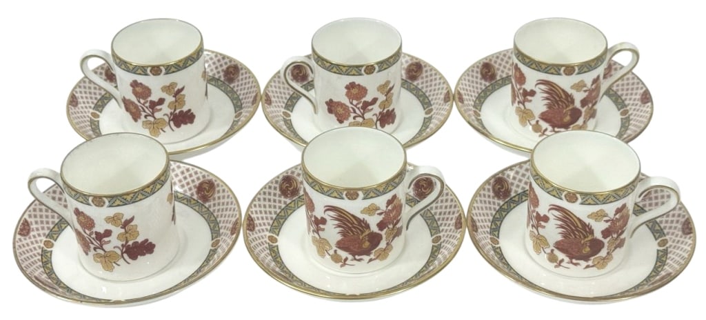 Wedgwood Bone China Demitasse Porcelain 6pc SET: Six Wedgwood bone china demitasse cups with matching saucers in the Golden Cockerel pattern. Each cup and saucer features a bold design of red and gold floral motifs and stylized roosters with geometr
