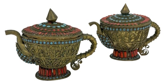 Tibetan Copper Turquoise Coral Inlaid Teapot Pair