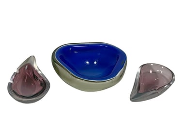 Murano Italian Blue & Polish Purple Ashtrays 3pcs