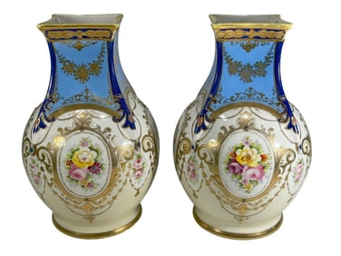 Pair of French Floral Medallion Porcelain Vases
