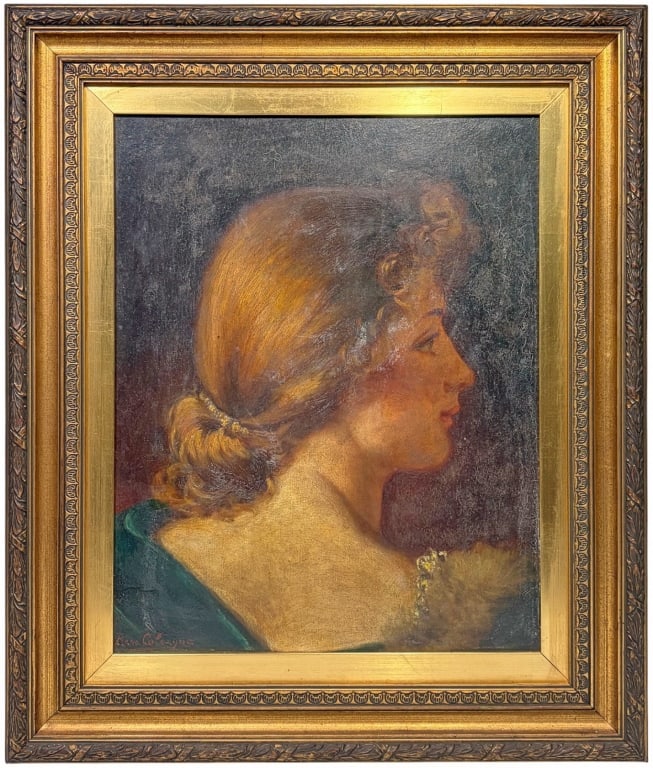 Antique Oil on Board Woman by Rosa Calcagno: Antique oil on board by Rosa Calcagno, depicting a woman in profile with auburn hair and green fur-trimmed garment against a dark background. Signed lower left 'Rosa Calcagno' in red.Work Size: 15 x 1